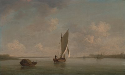 Un peschereccio a vela in una leggera brezza in un fiume da Charles Brooking